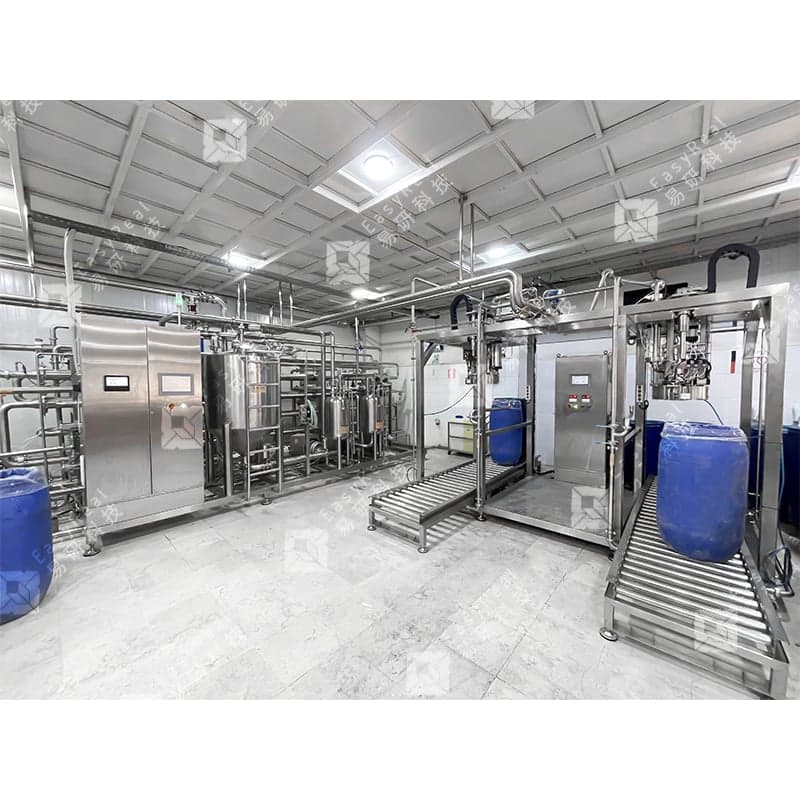 Aseptic bag filling line with stainless steel equipment, roller conveyors and drums