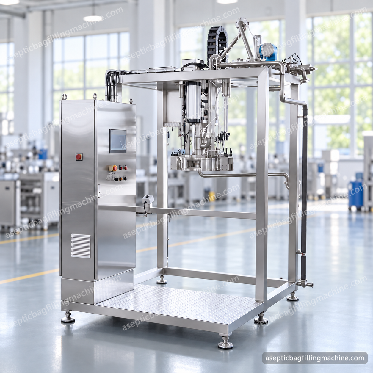 Single-head aseptic bag filler based on an original equipment photograph, AI-retouched
