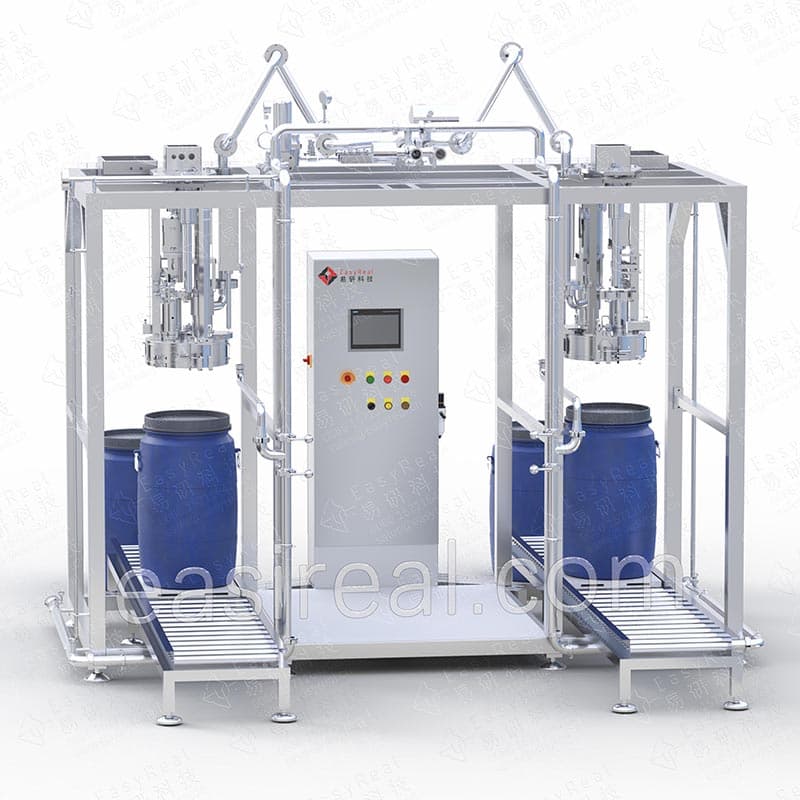 Twin-head aseptic bag-in-drum filler with two blue drums and roller conveyors
