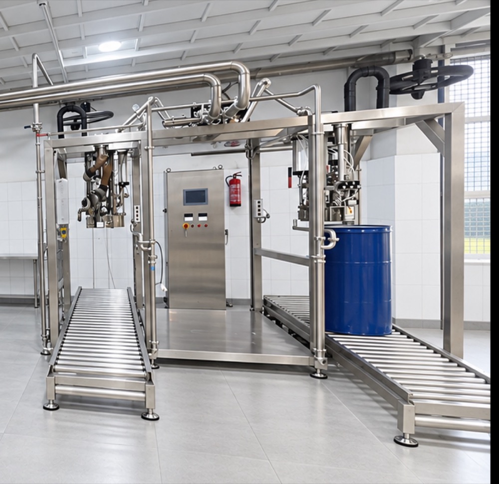 Close view of a twin-head aseptic bag filling station and drum conveyor