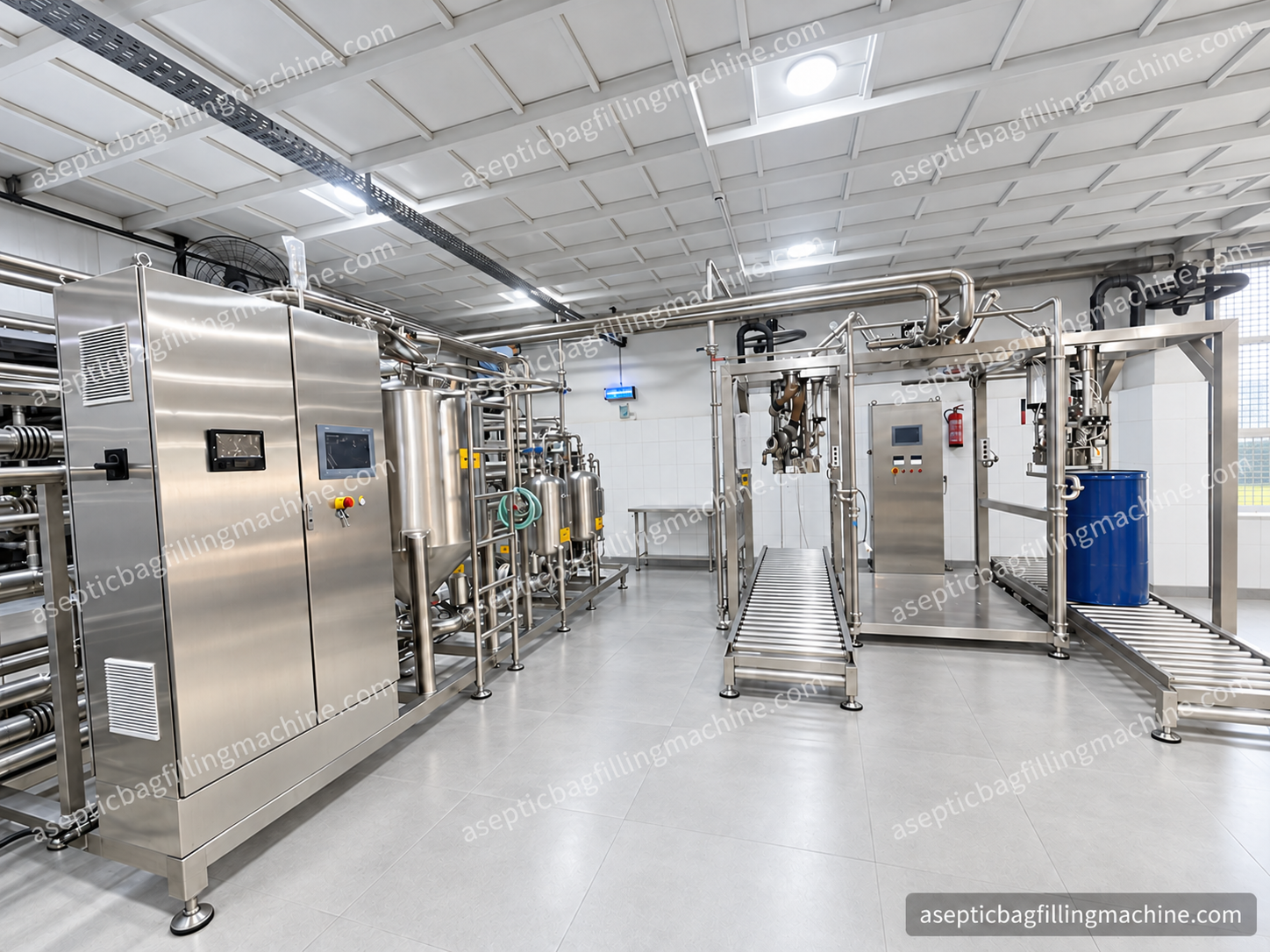 Twin-head aseptic filling installation based on an original equipment photograph, AI-retouched
